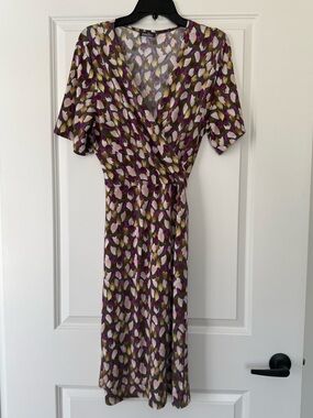 Kimono-Inspired Wrap Midi Dress in Purple Leaf Print